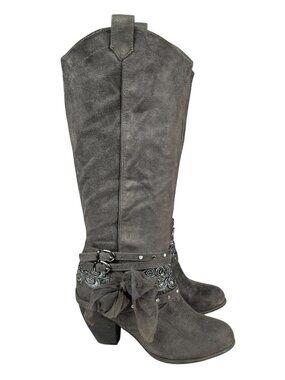 Not Rated Knee-High Boots 8.5 Gray Faux Suede Embellished Western Rhinestone